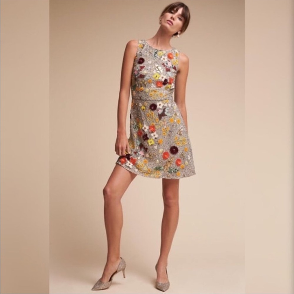 BHLDN Roxy Sparrow Sequin Beaded Floral Mini Dress Silver 14